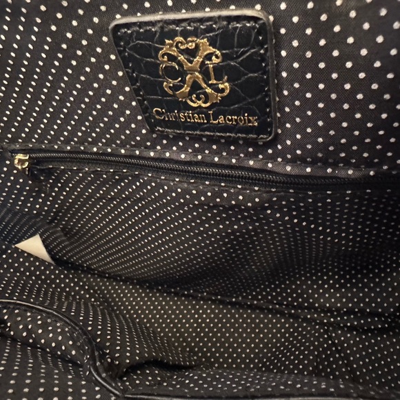 Christian Lacroix bag/tote plaid fabric navy & white, brass accents 16.5"W 11"H - Picture 5 of 7